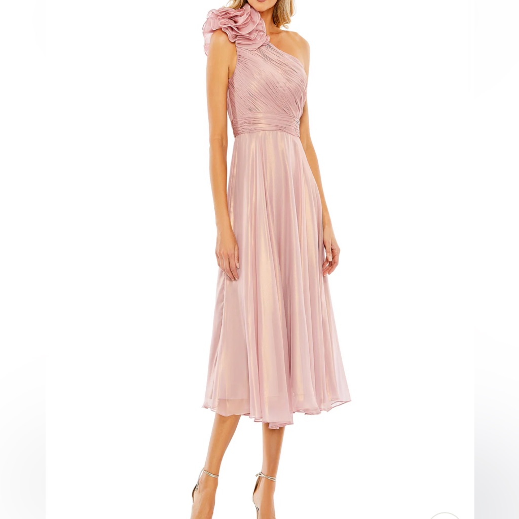 Mac Duggal One Shoulder Floral Midi Appliqued Formal Cocktail Dress Rose